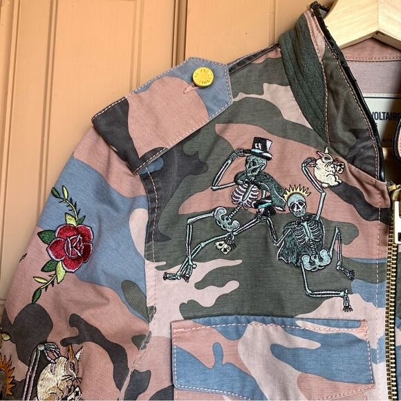 ZADIG & VOLTAIRE Kavy Camou Brode Jacket Green Camo Skull Embroidery Bomber Wool - Picture 4 of 16